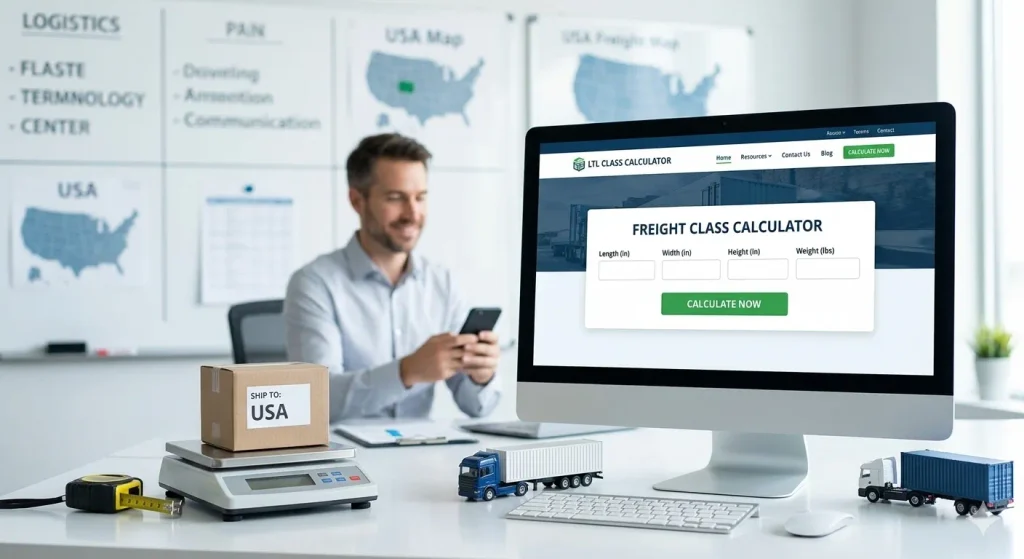 A desktop monitor showing a freight class calculator interface on a logistics desk with a shipping box labeled USA and miniature transport trucks.